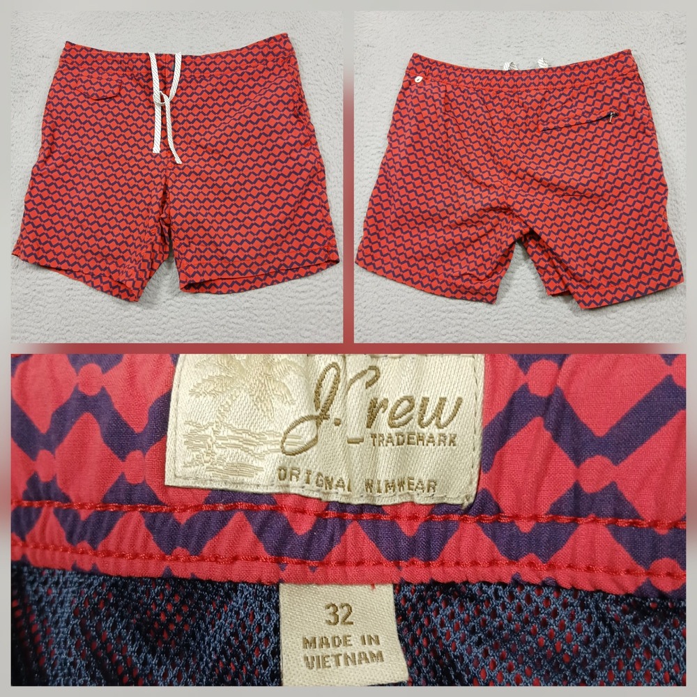 J.Crew Swim Trunks Men's 32 Red Blue Geometric Pattern Drawstring‎ Shorts